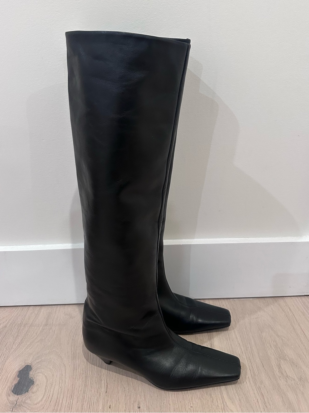 COS Black Leather Square-Toe Knee-High Boots